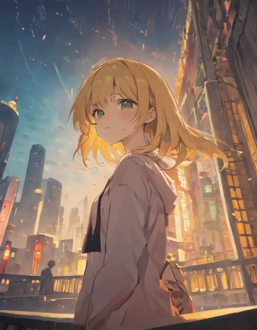 "Create an 8K UHD anime portrait in the style of 'Elfen Lied.' An anime girl with flowing blonde hair and green eyes stands atop a Japanese school, gazing at the sunset. The cloudy, vivid background adds depth, and precise, intricate details capture the moment's essence. This artwork should evoke emotion and win awards
