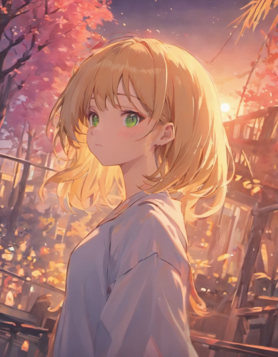 "Create an 8K UHD anime portrait in the style of 'Elfen Lied.' An anime girl with flowing blonde hair and green eyes stands atop a Japanese school, gazing at the sunset. The cloudy, vivid background adds depth, and precise, intricate details capture the moment's essence. This artwork should evoke emotion and win awards