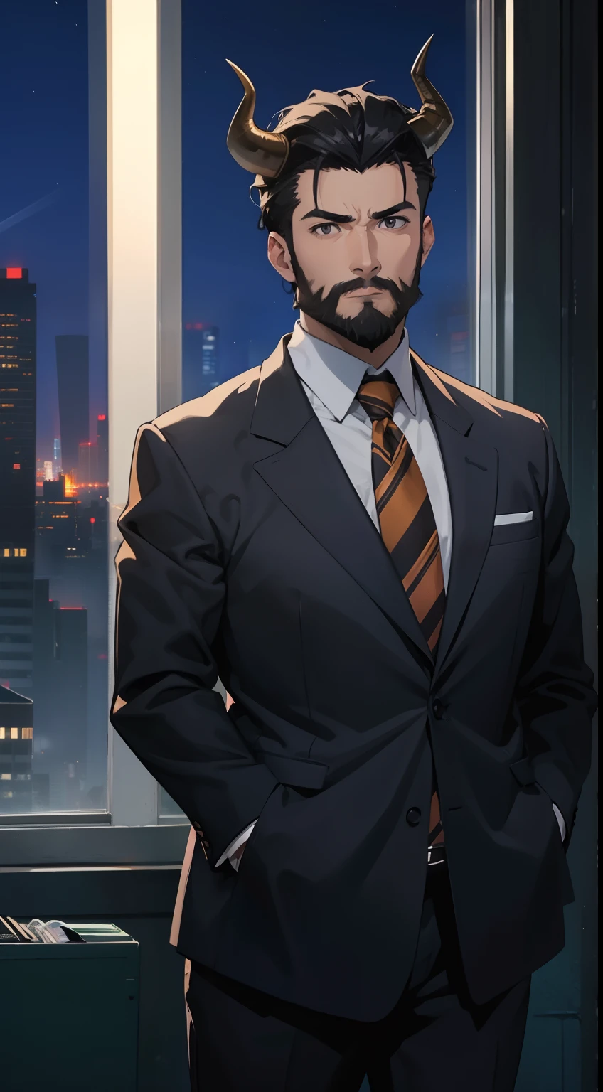 1man,(((male))),solo,40s,beard,neutral face,teacher outfit,medium tits, black hair,short hair,black eyes,bull horns,standing in front of a window, night