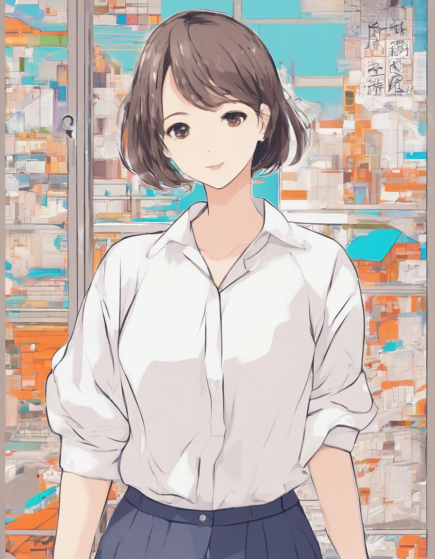 Rough of simple illustration、One beautiful mom in white shirt、Business Smile、Looks trustworthy、icons、Background is the back screen