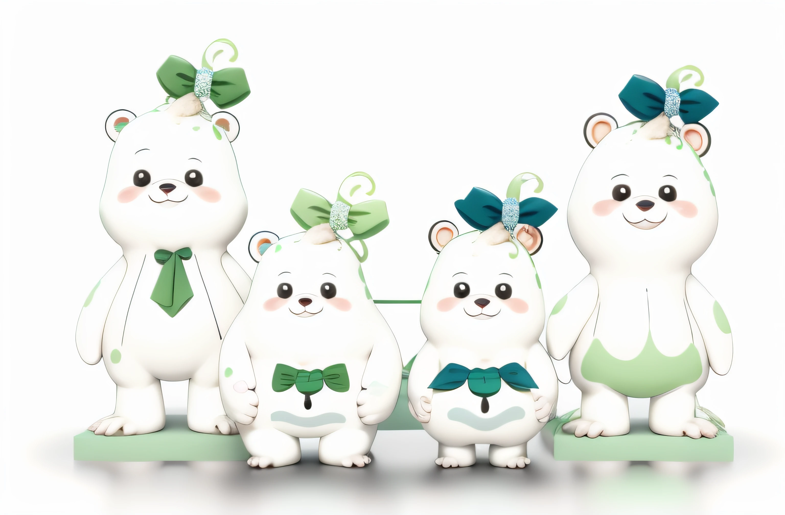 Cartoon family of three with green bow and green hair, Michelin men's family portrait, Cute:2, cute coronavirus creatures, cute coronavirus creatures!, Official illustration, kewpie, Herren. nimbus character design, characters merged, festivity, several character designs, four humanoid bears, Cute characters, Happy family, Green and white, japanese mascot