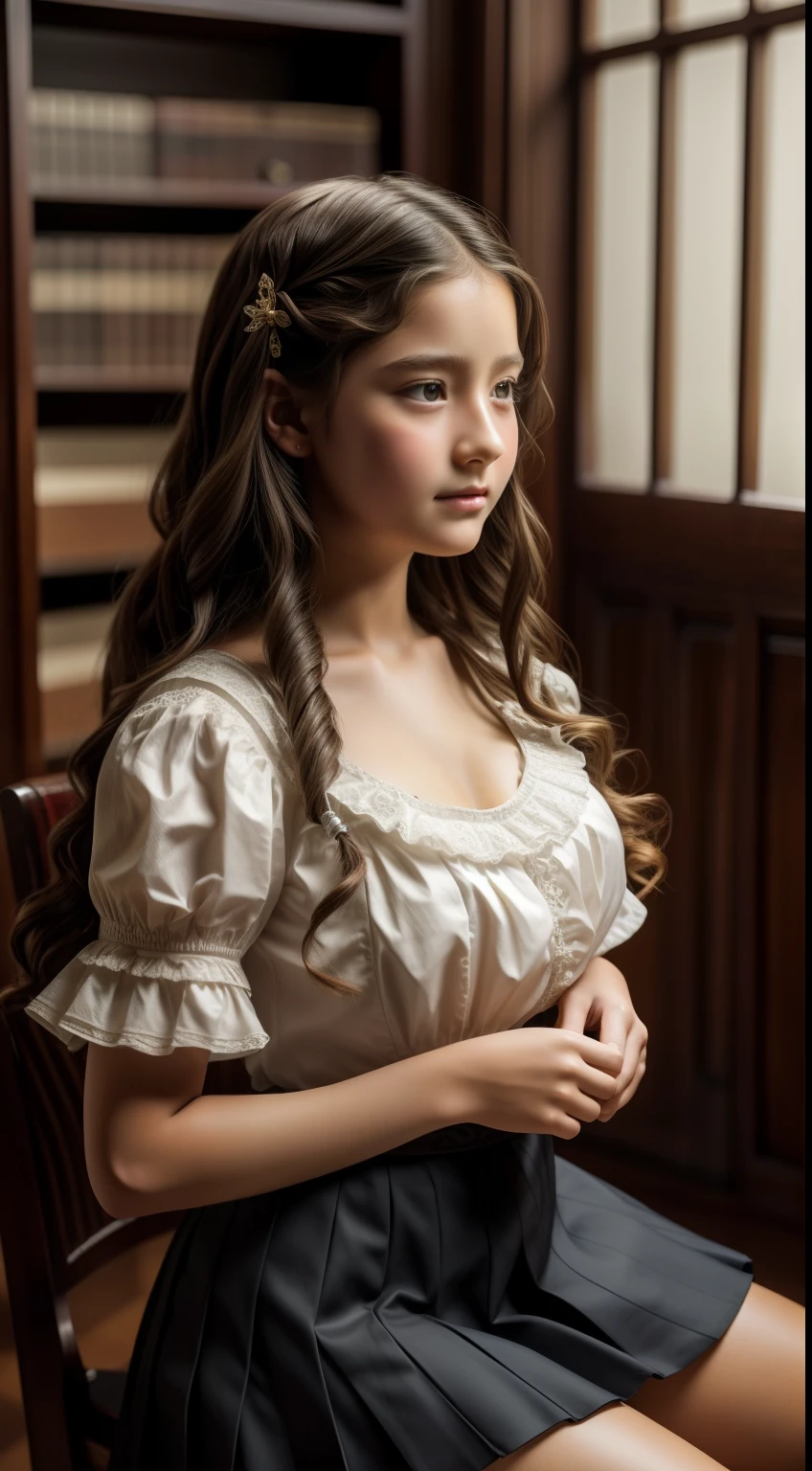 girl, ruffled blouse, cleavage breasts, pleated skirt, thighs and skirt, very long hair, wavy hair, exposed thighs, classroom, school, bottom view, leaning forward, very high resolution, 8k, HDR, (realistic:1.3), finely detailed, quality, rembrandt lighting, (photorealistic:1.2), (best quality), (detailed skin:1.3), (intricate details), dramatic, ray tracing,