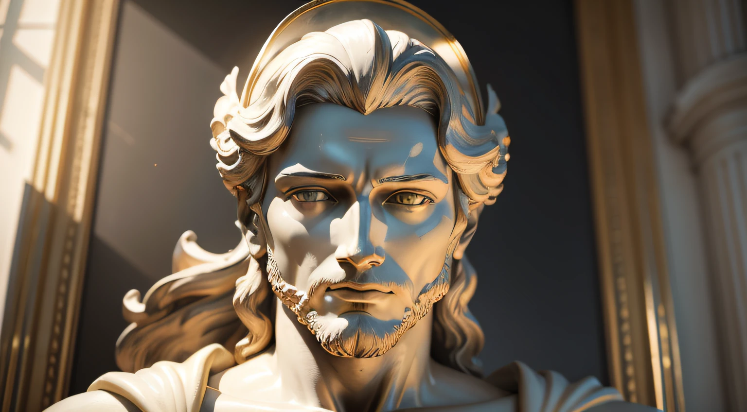 a closeup of a statue of a man with a helmet in, uma imagem raytraced inspirada em Gian Lorenzo Bernini, trending on ArtStation, Neoclassicismo, escultura realista de 8k bernini, classicismo artstyle, master part. renderizado no liquidificador, baroque vaporwave statue, deus grego, cinematic close-up, renderizado em corona