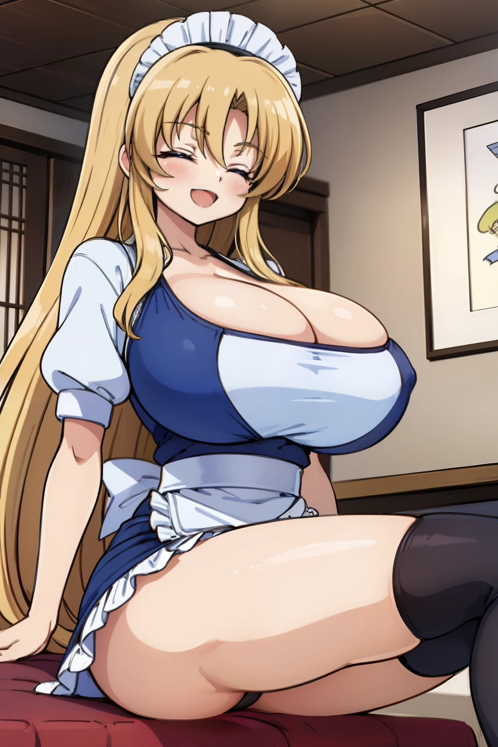 1990s anime cels style, Cartoon style of the 1990s, (flat color:1.2), vivid colors, best quality, high resolution, In the style of Nobuteru Yuki, blonde hair, long hair, maid apron, Inspired by Shirou Masamune, glasses, indoors, large breasts, retro anime, sharp, Defined lines, Detailed, makeup, Beautiful face, closed eyes, happy, smile, open mouth, sitting, black garter belt
