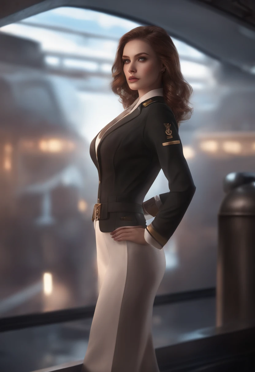 (1girl:1.3), solo, __body parts__ delicate and realistic skin, pale skin, big, official art, unified 16k wallpaper, ultra detail, beauty and aesthetics, beauty, masterpiece, best quality, in cyberpunk city, fantastic atmosphere, calm color palette, peaceful mood, soft shadows, flight attendant uniform, glamour