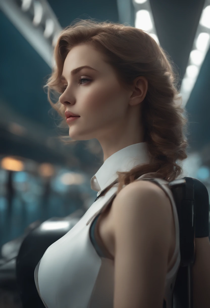 (1girl:1.3), solo, __body parts__ delicate and realistic skin, pale skin, big, official art, unified 16k wallpaper, ultra detail, beauty and aesthetics, beauty, masterpiece, best quality, in cyberpunk city, fantastic atmosphere, calm color palette, peaceful mood, soft shadows, flight attendant uniform, glamour