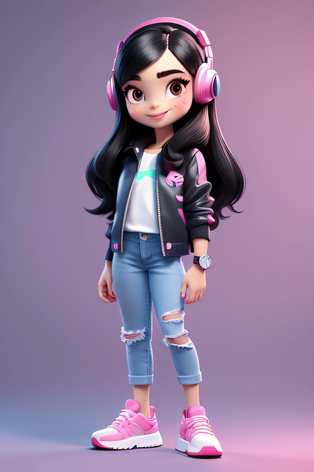 Personagem 3D, girl with long black hair without bangs, olhos escuros, sorrindo, wearing a shirt and jeans, sneaker, jaqueta rosa, over-ear pink headset on neck, watch on arm, pink sneakers, mochila. uma obra prima de otima qualidade. olhos preto