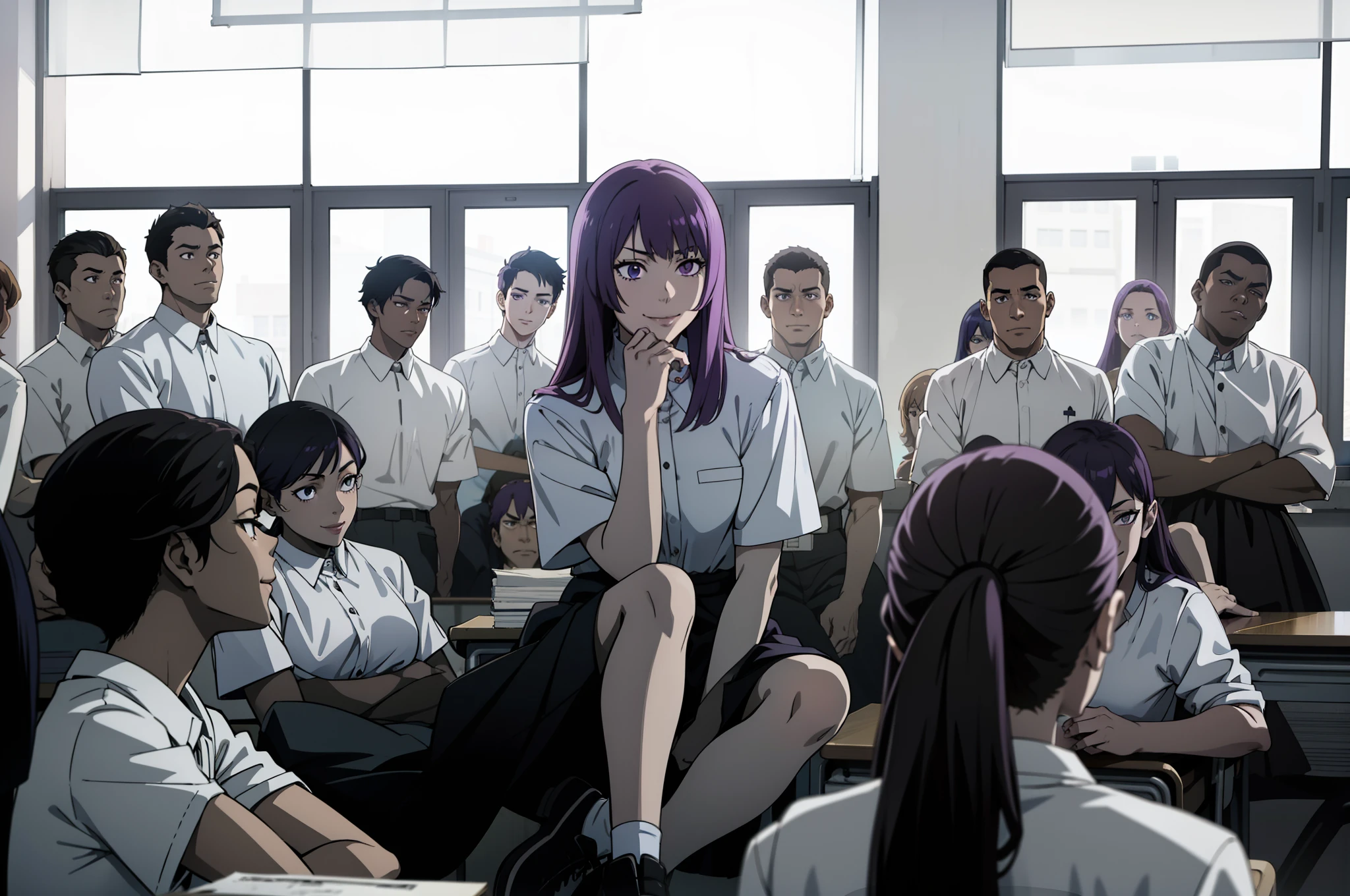 Anime scene, 1girl evil smile purple hair highschool girl sitting in the classroom