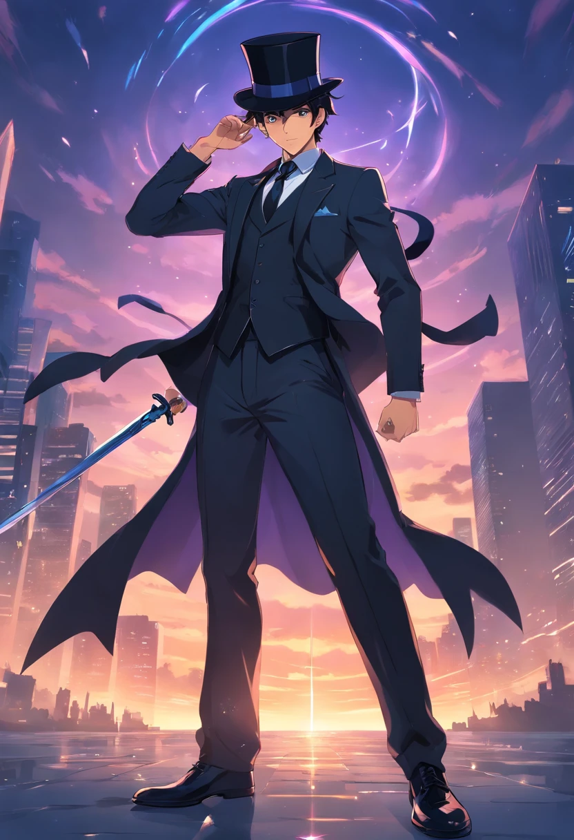man in black top hat, black tie, black suit, sword on his waist, black trident on his back, cartoon style, anime style, anime boy soft