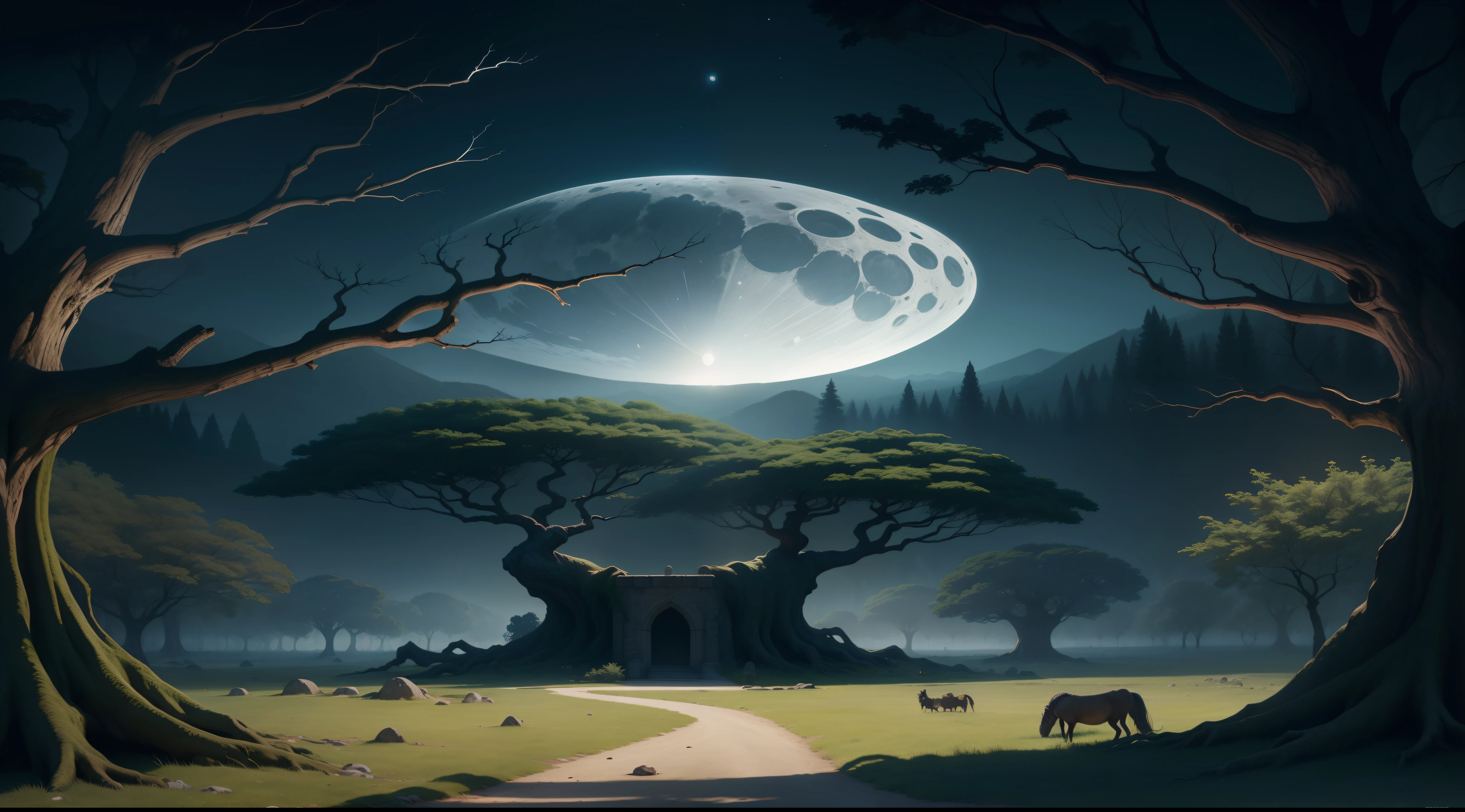 criar uma imagem medieval com arvores paisagem, a background moon in the sky, a caichoeira and an open space in front, formato paisagem tamanho ultra hd