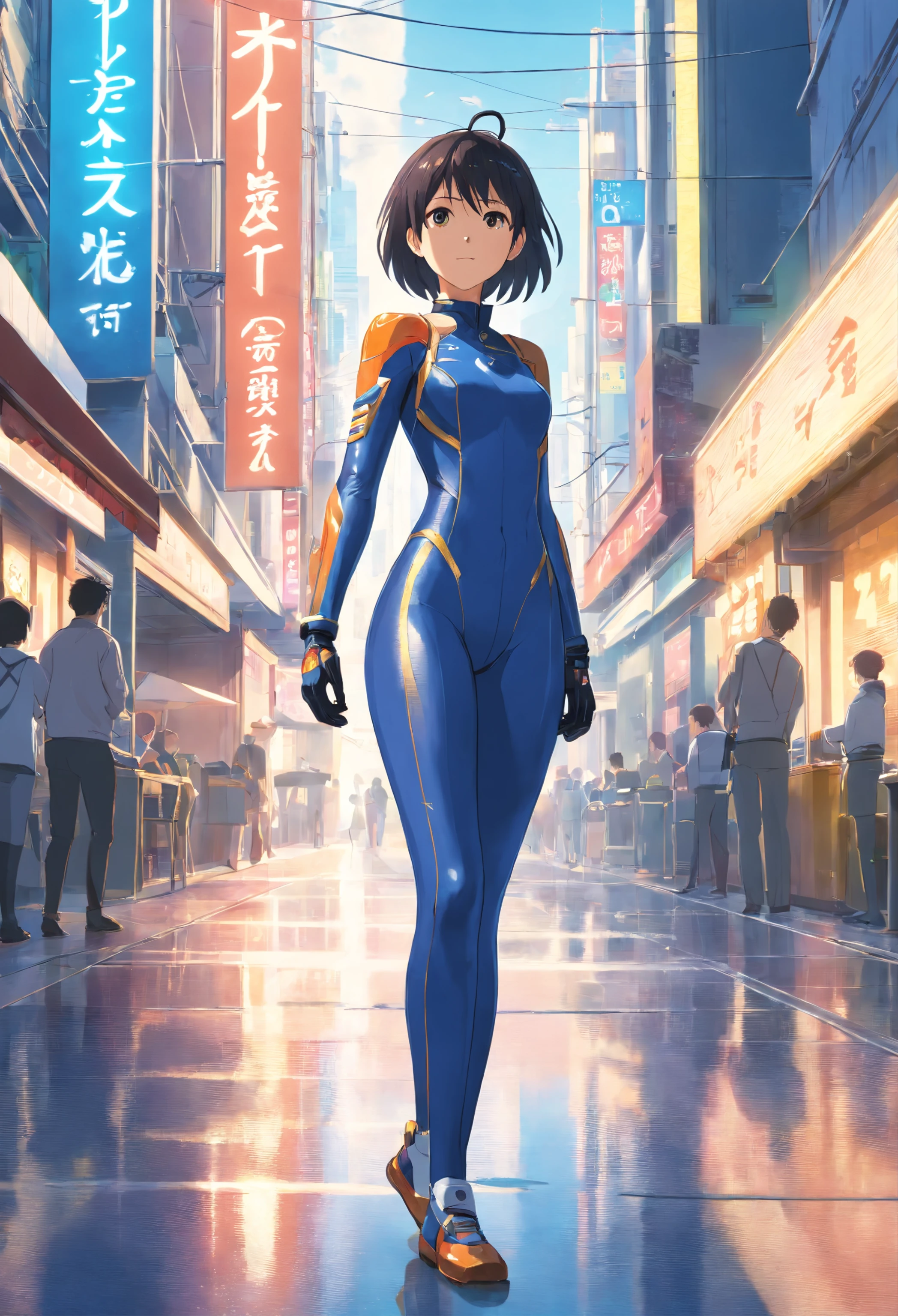 (((best quality))), (((masterpiece))), solo, super fine photo, full body picture Unreal Engine 5 8K UHD, beautiful girl, face detailed, wearing skin tight latex catsuit with gold lace, latex collar, latex gloves, latex long socks with straps, arm and leg cuffs, unified 8k wallpaper, hyper detailed, sharp focus, walking in the futuristic city.