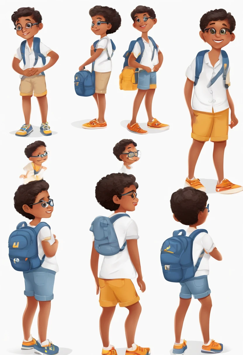 the little explorer, multiple poses and expression on white background, children's book illustration style, simple, cute, , full colors, black hair, light skin, sport club internacional short-sleeved shirt, denim shorts, no belt, no hat, no book, with glasses, with backpack, from brazil, no beard.