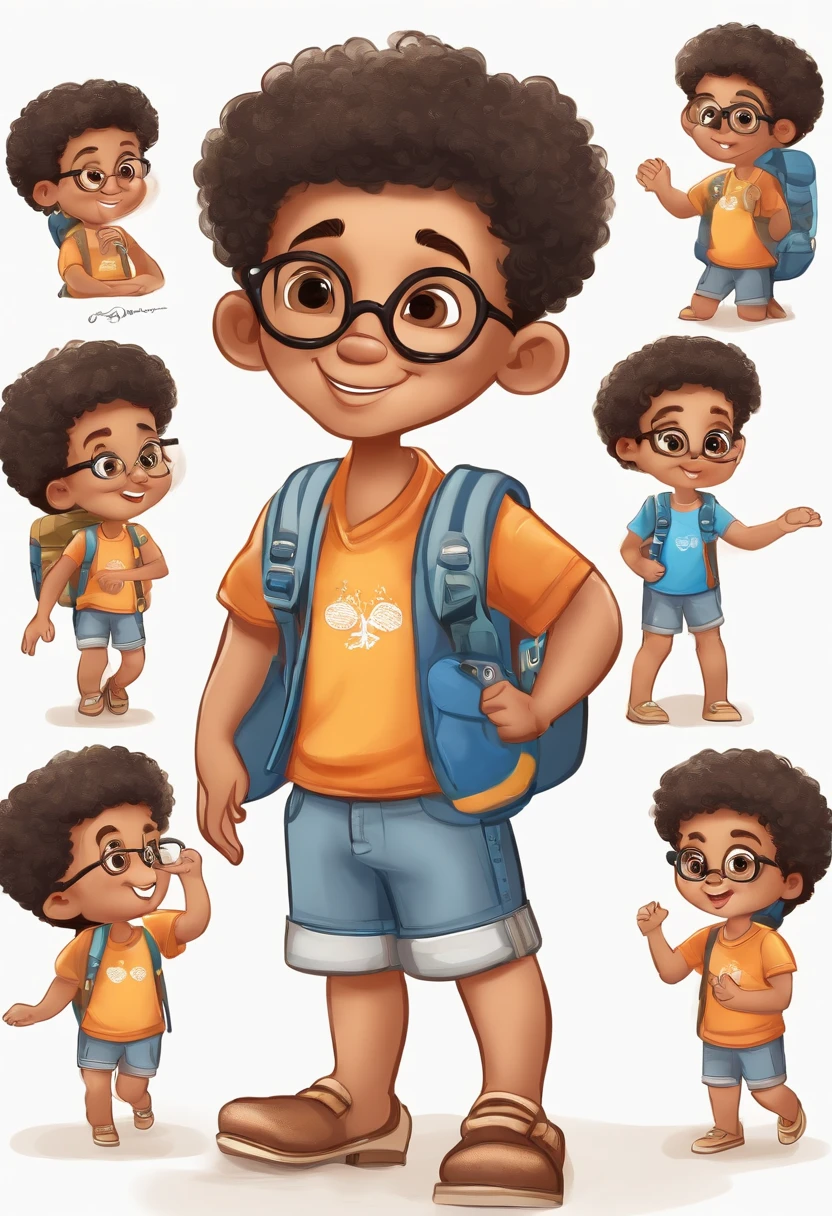 the little explorer, multiple poses and expression on white background, children's book illustration style, simple, cute, 10 years, full colors, black hair, light skin, sport club internacional short-sleeved shirt, denim shorts, no belt, no hat, no book, with glasses, with backpack, from brazil, no beard.
