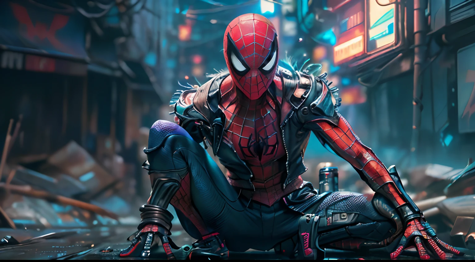 Spiderman as a zombie,(top-quality、8K、32K、​masterpiece、nffsw:1.3)、(The ultra -The high-definition)、(Photorealsitic:1.4)、Raw photography,Perfect eyes,Charming perfect figure,actionpose:1.2,Detailed cyberpunk fashion、World of Cyberpunk,depth of fields,blurry backround,、