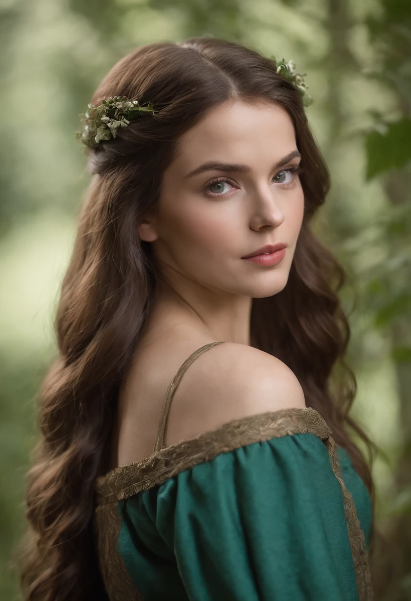 tez justa, mulher em torno de 19 anos, cabelos ruivos naturais, olhos verdes distintos, vestindo kohl, slender and graceful, Beautiful, luz de velas em um ambiente medieval, Ultra sharp focus, tiro realista, roupas femininas medievais, cores tetradicas.