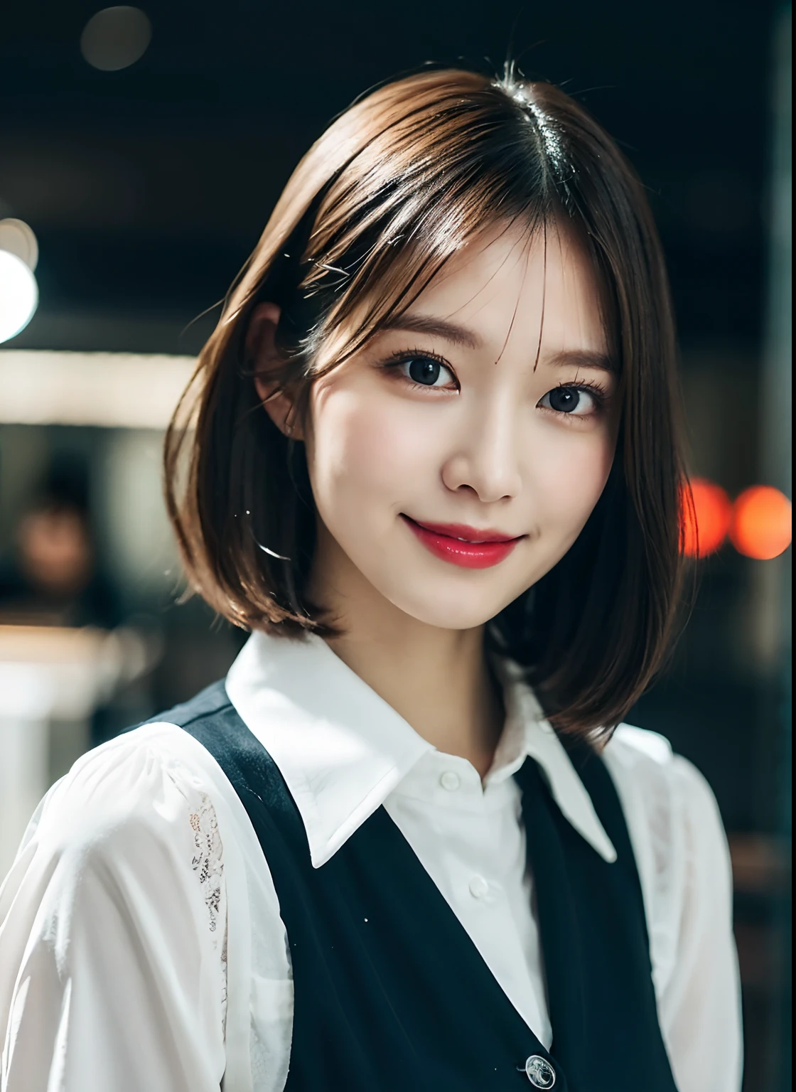 ((Best Quality, 8K, Masterpiece: 1.3)), Focus: 1.2, Perfect Body Beauty: 1.4, Buttocks: 1.2, ((Layered Haircut, Breasts: 1.2)), (Wet Clothes: 1.1) , (Rain, Street:1.3), Dress: 1.1, Highly detailed face and skin texture, Fine eyes, Double eyelids, Whitening skin, Long hair, (Shut up: 1.3), smile