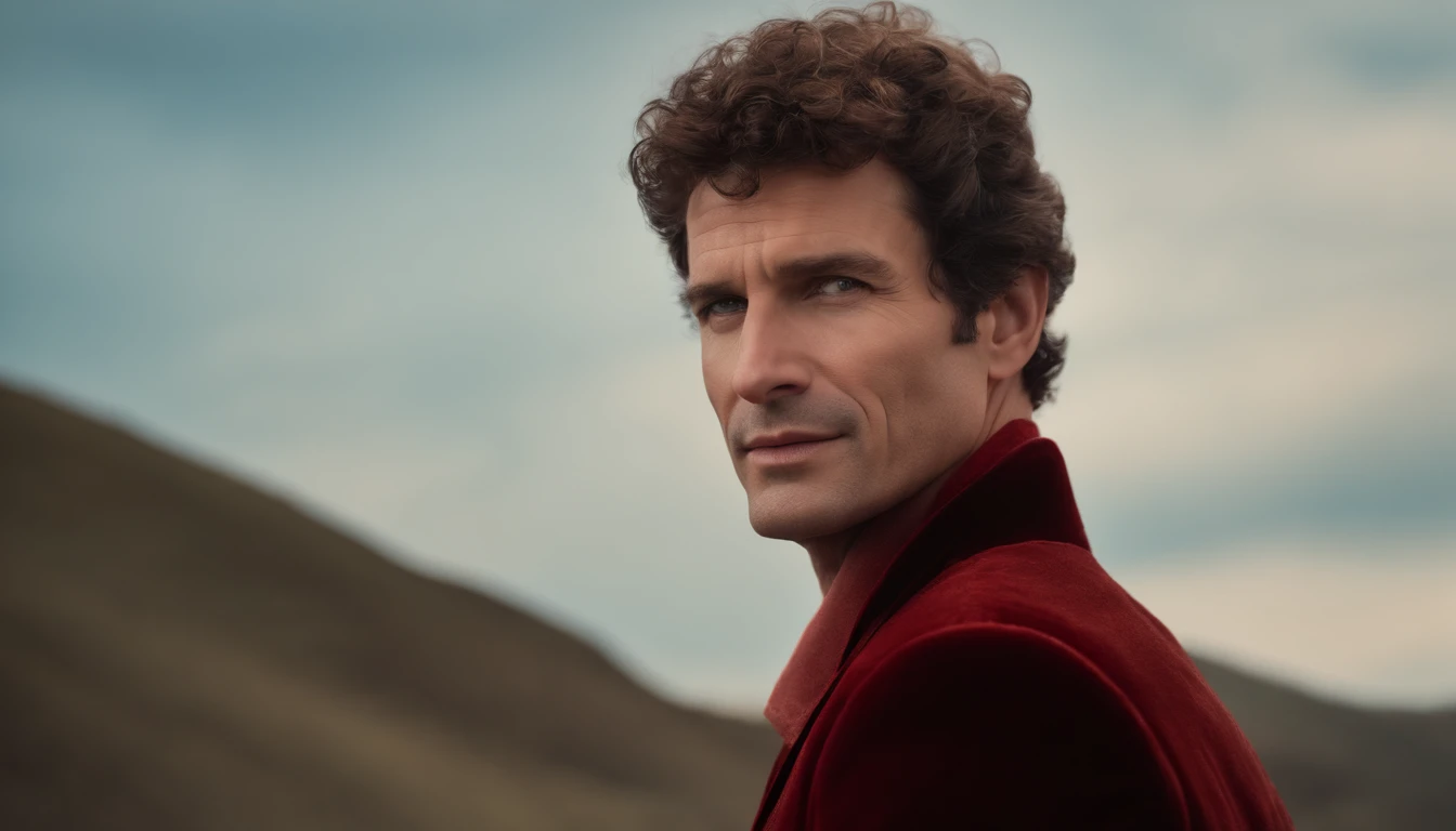 A handsom man in red, the style of patrick demarchelier. wearing a red velvet jacket and blue jeans , Tall and fit, (40 years old:1.1), (shaven:1.2), (short brown hair and a little curly:1.5),(very short hair:1.6). in the style of ethereal beauty, realistic blue skies, hasselblad 1600f, hyper-realistic portraiture, bold colors, dynamic lines, smooth and polished .