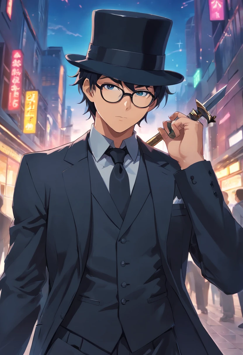man in a black top hat, black tie, with round black glasses, black suit, sword on his waist, black trident on his back, black balaclava bandana, cartoon style, anime style, anime boy soft