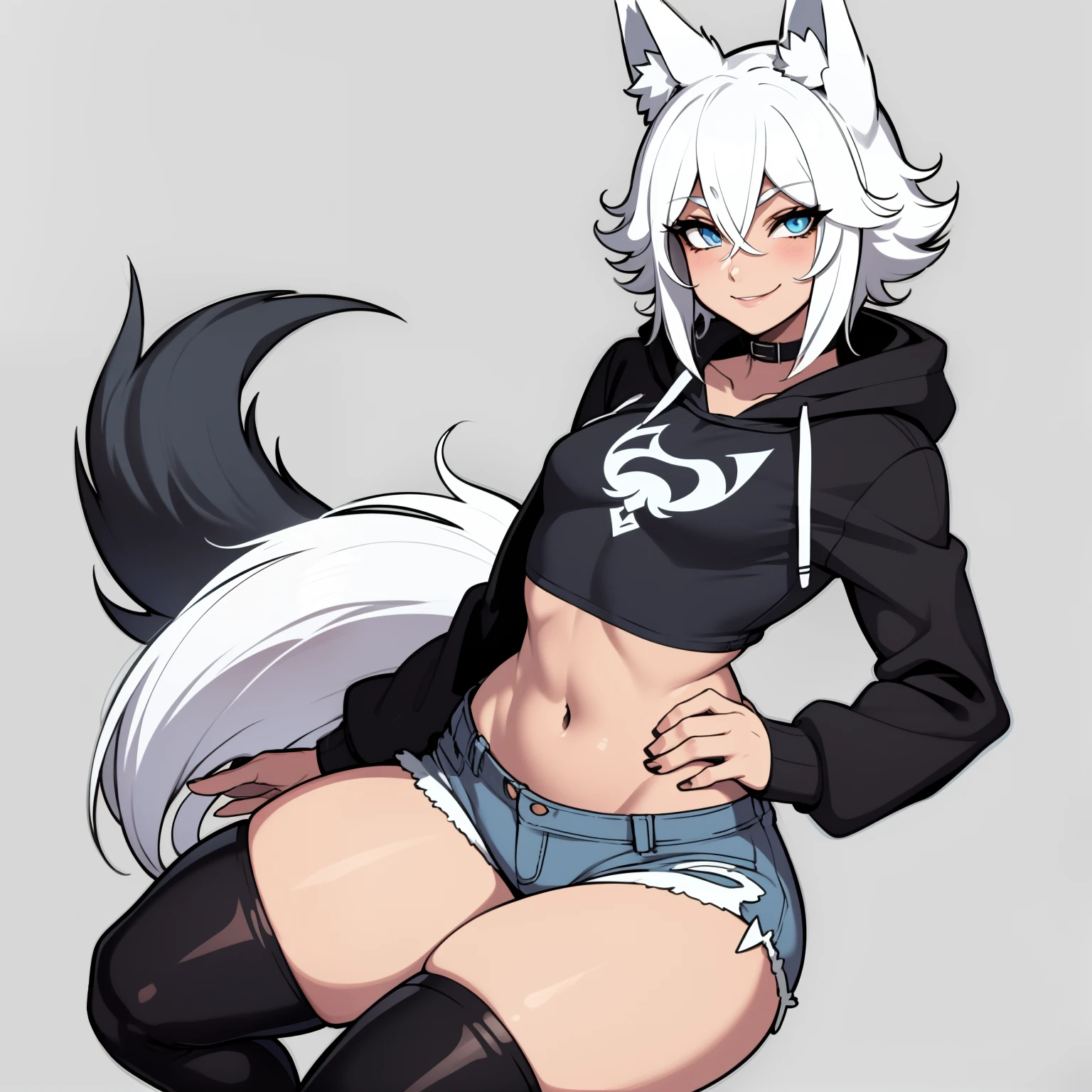 Single boy, Anime Femboy, Short, Long white hair, wolf ears, wolf tail, blue eyes, wearing jean short shorts, thigh high socks, black combat boots, wearing cropped black hoodie, flat chest, super flat chest, solo femboy, only one femboy ((FLAT CHEST)), wide hips, thicc thighs, smiling