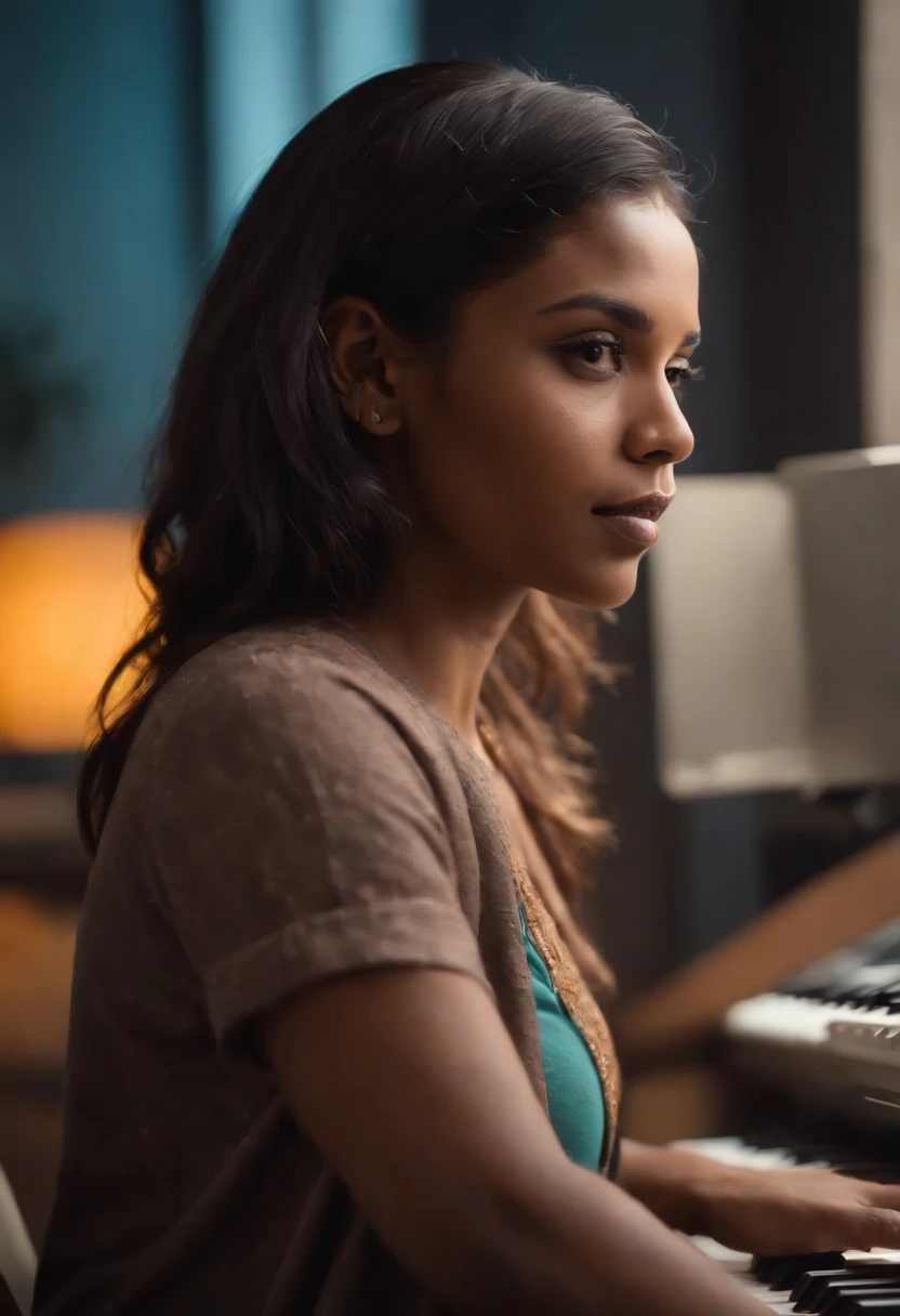 There is a bangladeshi light brown woman sitting in front of a keyboard , Promotional Art, fanart, martin ansin artwork portrait, promotional image, hq artwork, art promotional, fanart, album art, official artwork, key art, promotional artwork, Siswave, digitalartist, Ashtelos, afro futurism, jen bartel, keyboardist, blend