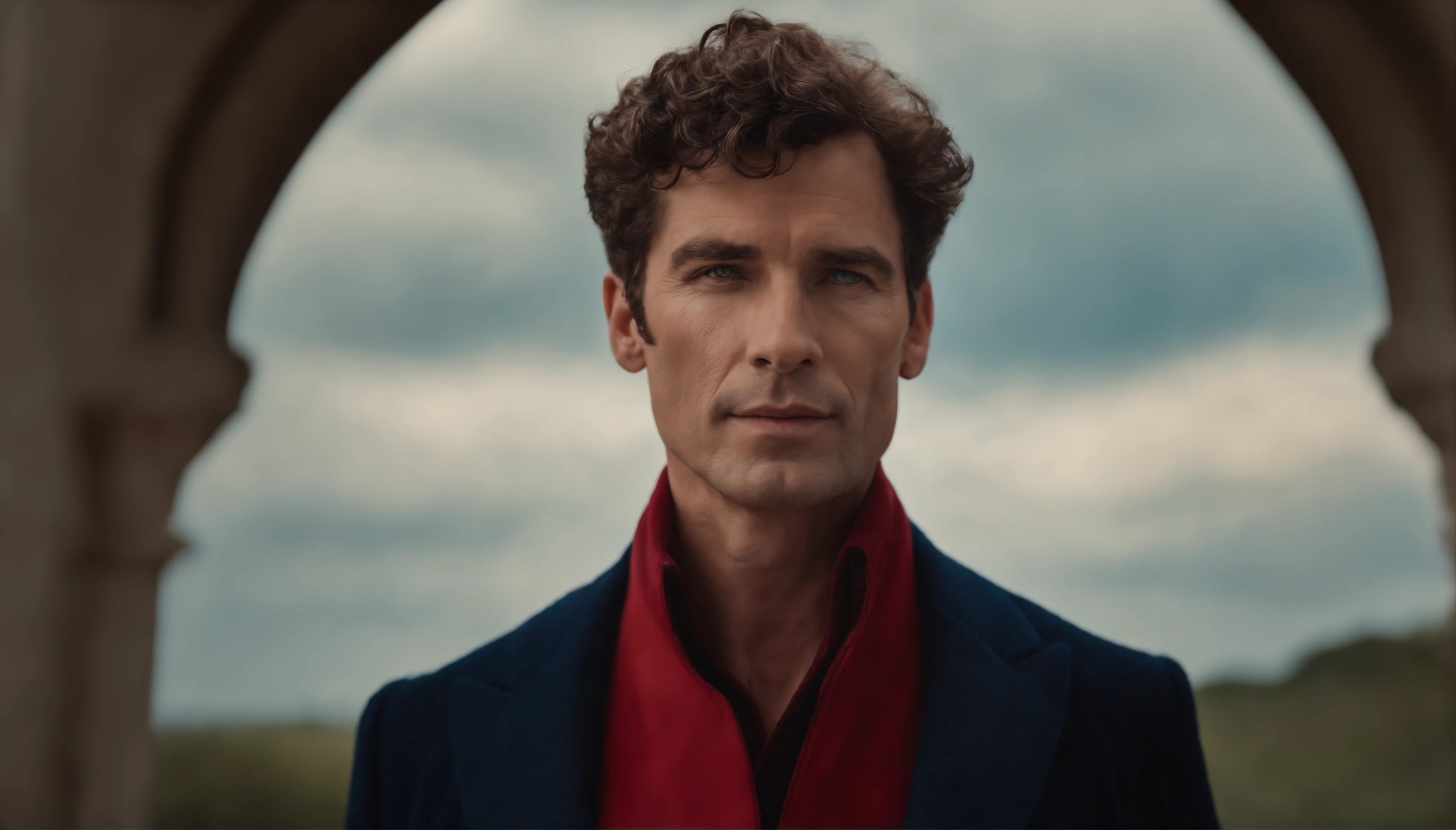 A handsom man in red, the style of patrick demarchelier. wearing a red velvet jacket and blue jeans , Tall and fit, (40 years old:1.1), (shaven:1.2), (short brown hair and a little curly:1.5),(very short hair:1.6). in the style of ethereal beauty, realistic blue skies, hasselblad 1600f, hyper-realistic portraiture, bold colors, dynamic lines, smooth and polished .