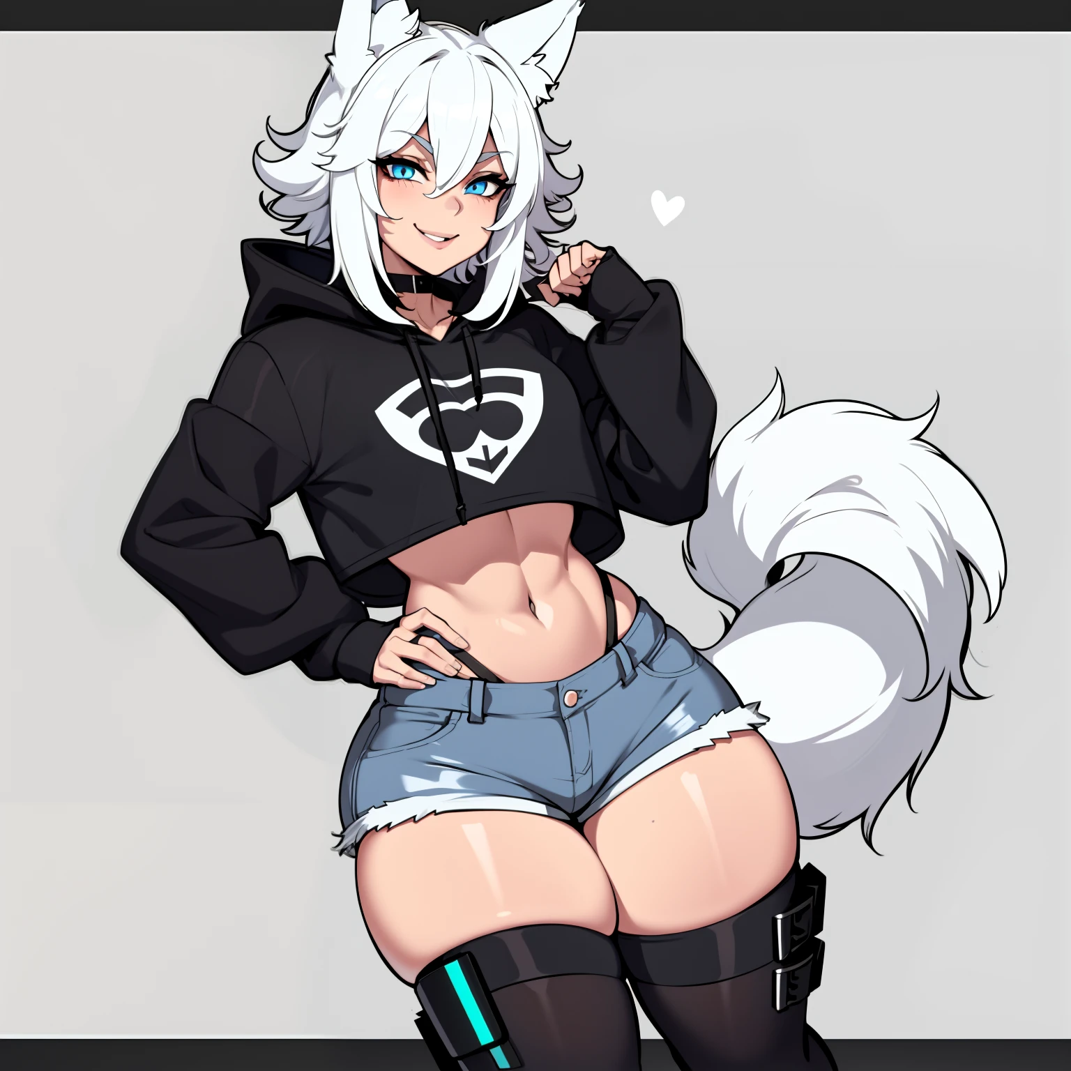 Single boy, Anime boy, Short, Long white hair, wolf ears, wolf tail, blue eyes, wearing short denim shorts, thigh high fishnets, black combat boots, oversized cropped hoodie, flat chest, super flat chest, solo femboy, only one femboy ((FLAT CHEST)) solo, alone, (SOLO)(ALONE) thicc thighs, wide hips, curvy, wearing large round glasses, bent over, showing butt, from behind, lifted tail, presenting butt