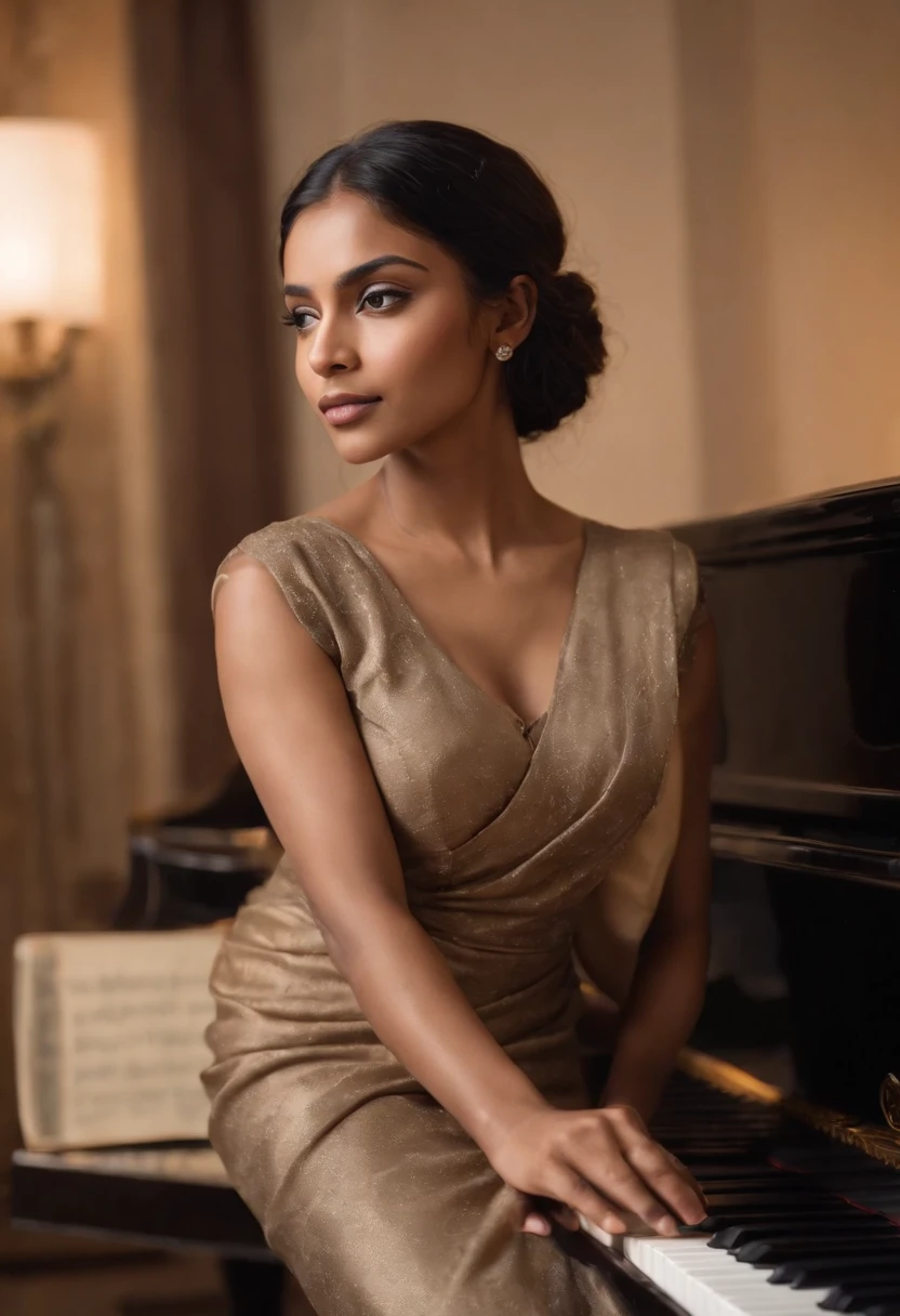 There is a bangladeshi light brown woman wearing sari sitting in front of a piano, Promotional Art, fanart, martin ansin artwork portrait, promotional image, hq artwork, art promotional, fanart, album art, official artwork, key art, promotional artwork, Siswave, digitalartist, Ashtelos, afro futurism, jen bartel, keyboardist, blend