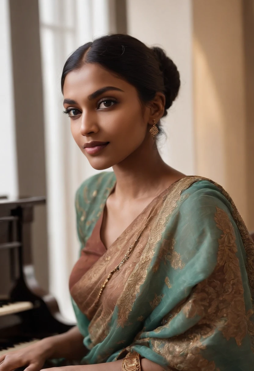 There is a bangladeshi light brown woman wearing sari sitting in front of a piano, Promotional Art, fanart, martin ansin artwork portrait, promotional image, hq artwork, art promotional, fanart, album art, official artwork, key art, promotional artwork, Siswave, digitalartist, Ashtelos, afro futurism, jen bartel, keyboardist, blend