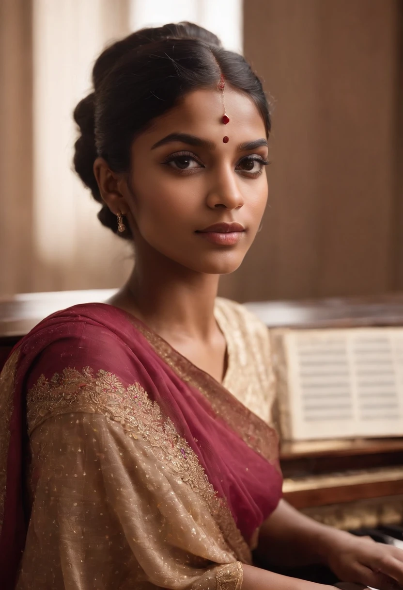 There is a bangladeshi light brown woman wearing sari sitting in front of a piano, Promotional Art, fanart, martin ansin artwork portrait, promotional image, hq artwork, art promotional, fanart, album art, official artwork, key art, promotional artwork, Siswave, digitalartist, Ashtelos, afro futurism, jen bartel, keyboardist, blend