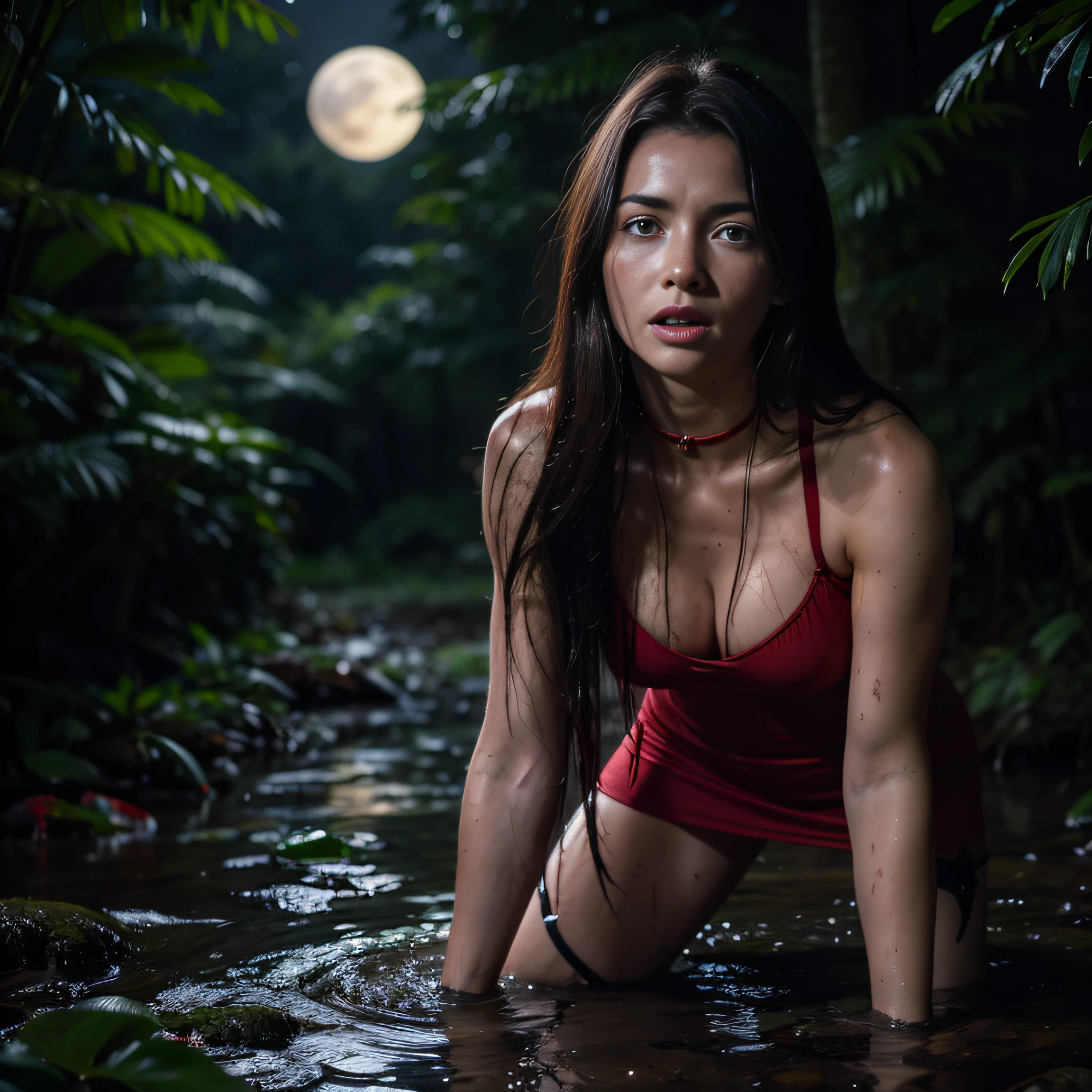 (Hyperrealistic photo, Ultra Detailed, Raw, tmasterpiece), Dark Forest, night time, The forest is illuminated by the moon because of the clouds, ominous red reflections in the distance. Dark ritual, When a woman drowns in a swamp. She is dressed in an ultra-short tight dress with thin straps and stockings with garters. collar with spikes. Tattoos on. redness of a sweaty face. She has medium-length hair, The face expresses a mixture of despair and intense ecstasy. The woman is desperately trying to reach the surface, but the mud is pulling her down, And she knows, that her last moments are near. The woman struggles to breathe, but the bog takes her down into its dark embrace, And she is, finally, abandons his struggle.