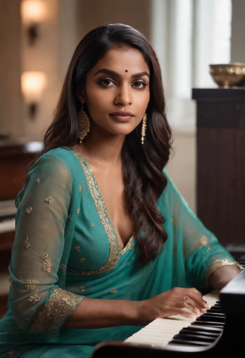 There is a bangladeshi light woman wearing sari sitting in front of a piano, medium long hair, Promotional Art, fanart, martin ansin artwork portrait, promotional image, hq artwork, art promotional, fanart, album art, official artwork, key art, promotional artwork, Siswave, digitalartist, Ashtelos, afro futurism, jen bartel, keyboardist, blend