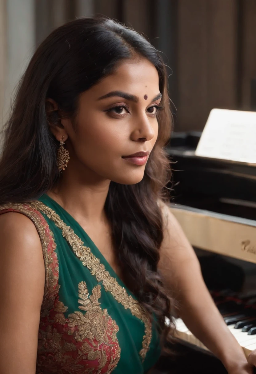 There is a bangladeshi light woman wearing sari sitting in front of a piano, medium long hair, Promotional Art, fanart, martin ansin artwork portrait, promotional image, hq artwork, art promotional, fanart, album art, official artwork, key art, promotional artwork, Siswave, digitalartist, Ashtelos, afro futurism, jen bartel, keyboardist, blend