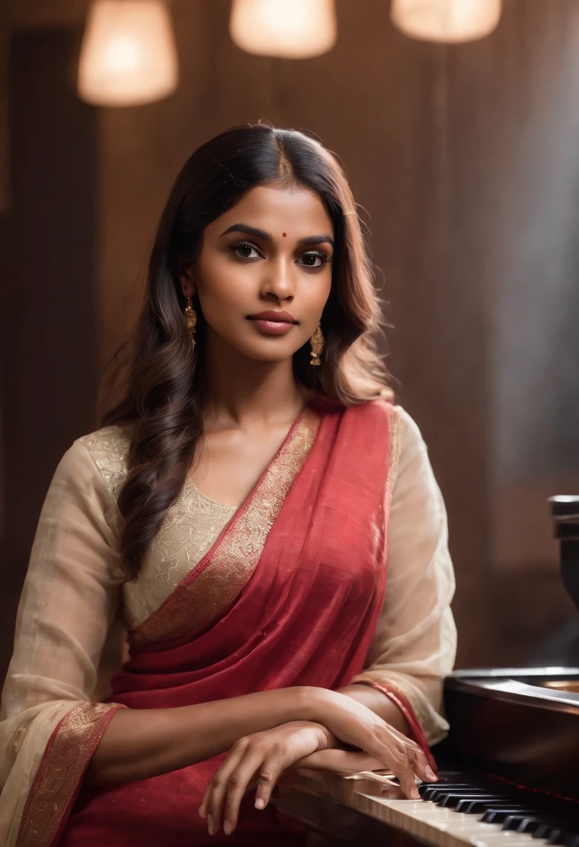 There is a bangladeshi light brown woman wearing sari sitting in front of a piano, Promotional Art, fanart, martin ansin artwork portrait, promotional image, hq artwork, art promotional, fanart, album art, official artwork, key art, promotional artwork, Siswave, digitalartist, Ashtelos, afro futurism, jen bartel, keyboardist, blend