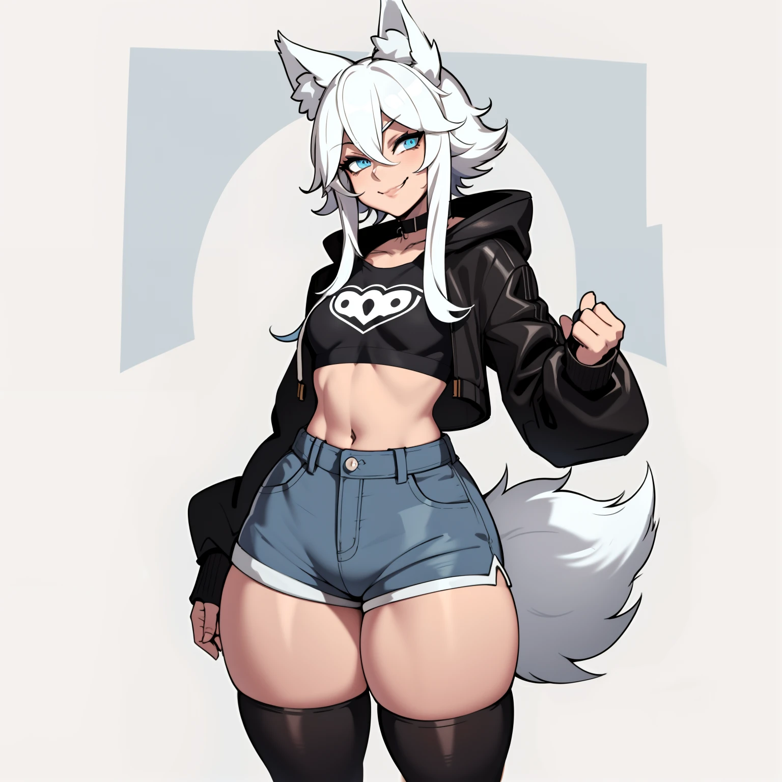 Single boy, Anime Femboy, Short, Long white hair, wolf ears, wolf tail, blue eyes, wearing jean short shorts, thigh high socks, black combat boots, wearing cropped black hoodie, flat chest, super flat chest, solo femboy, only one femboy ((FLAT CHEST)), wide hips, thicc thighs, smiling