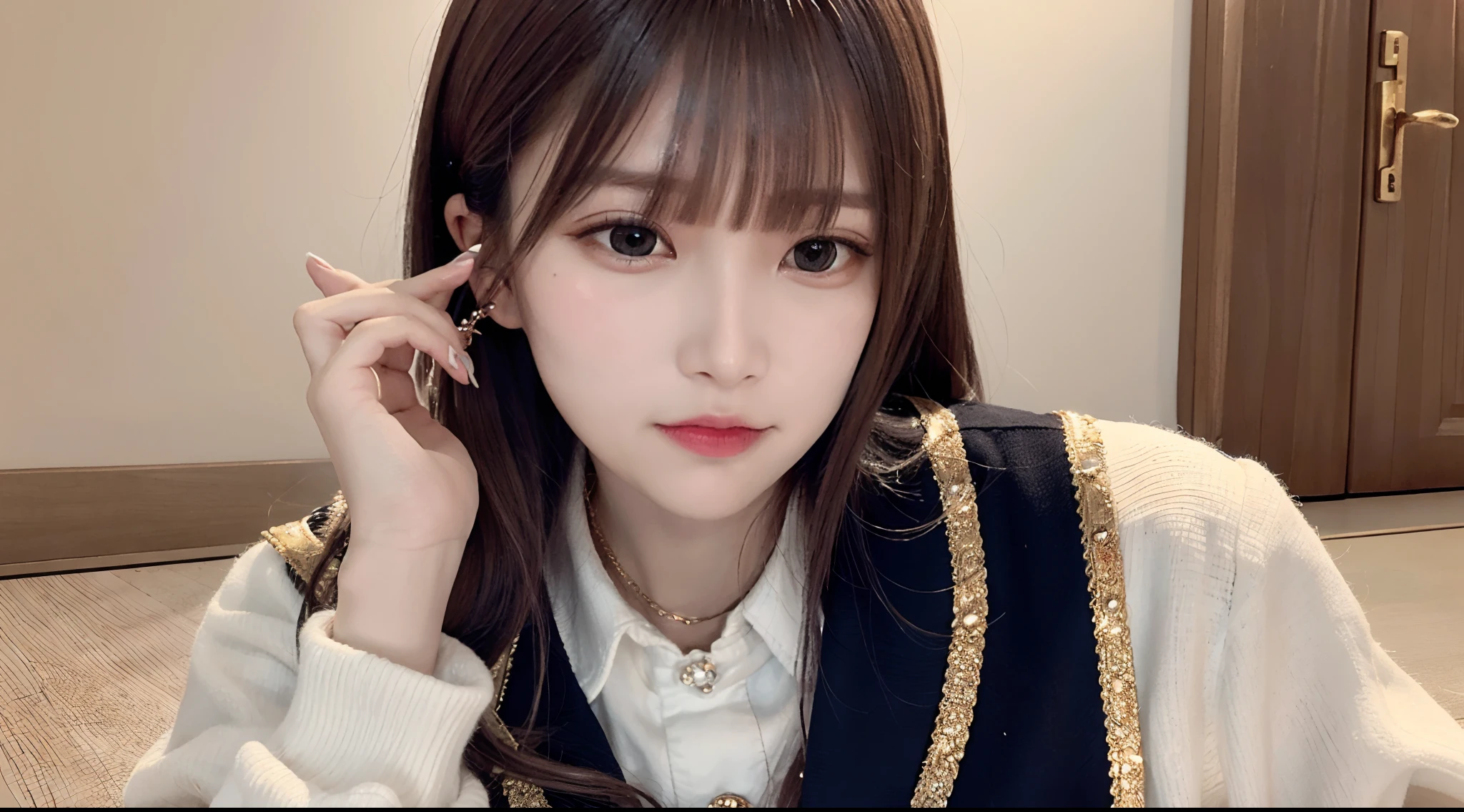 Gorgeous and delicate glowing bear hair ornament，Fine engraving，Shine brightly，The attention to detail，The jewelry is of high quality，Extremely high image quality，Heterochromia，校服。a sailor suit，Transparent white cloud pattern，Delicate depiction of bronzed skin，Long blue and white hair，Many hairs，detailed hairs，Seductive expressions，Red faces are depicted in detail，lies on the ground，HD full-body close-up，16K high-resolution photos