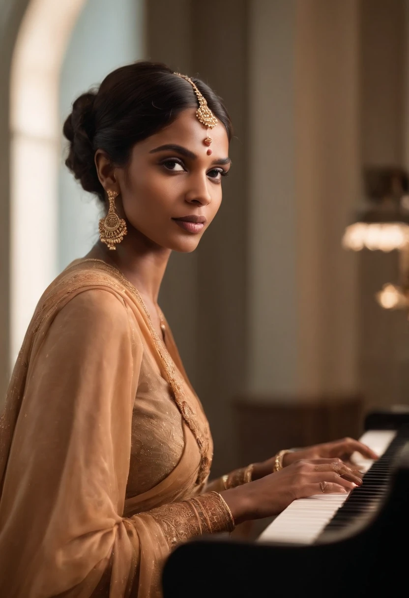 There is a bangladeshi light brown woman wearing sari playing a piano, Promotional Art, fanart, martin ansin artwork portrait, promotional image, hq artwork, art promotional, fanart, album art, official artwork, key art, promotional artwork, Siswave, digitalartist, Ashtelos, afro futurism, jen bartel, keyboardist, blend