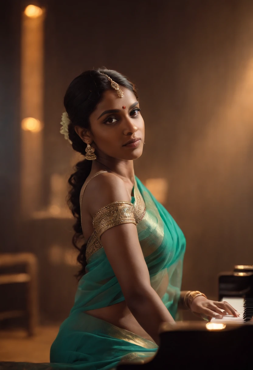 There is a bangladeshi light brown woman wearing sari playing a piano, Promotional Art, fanart, martin ansin artwork portrait, promotional image, hq artwork, art promotional, fanart, album art, official artwork, key art, promotional artwork, Siswave, digitalartist, Ashtelos, afro futurism, jen bartel, keyboardist, blend