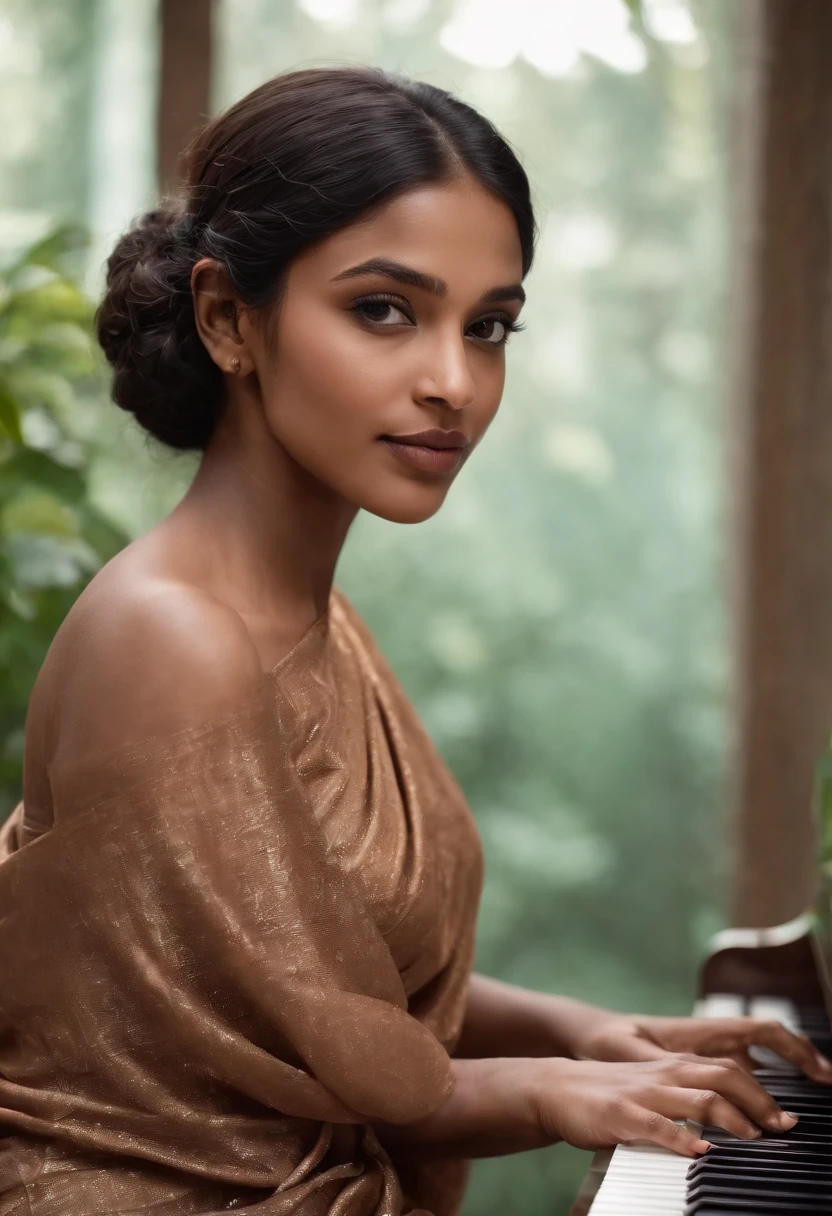 There is a bangladeshi light brown woman wearing sari playing a piano, Promotional Art, fanart, martin ansin artwork portrait, promotional image, hq artwork, art promotional, fanart, album art, official artwork, key art, promotional artwork, Siswave, digitalartist, Ashtelos, afro futurism, jen bartel, keyboardist, blend