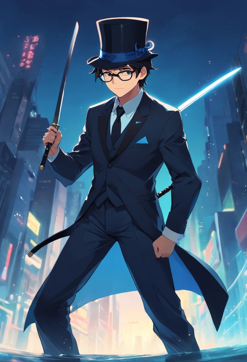 man in a black top hat, black tie, with round black glasses, black suit, sword on his waist, black trident on his back, with a black balaclava bandana, cartoon style, anime style, anime boy soft
