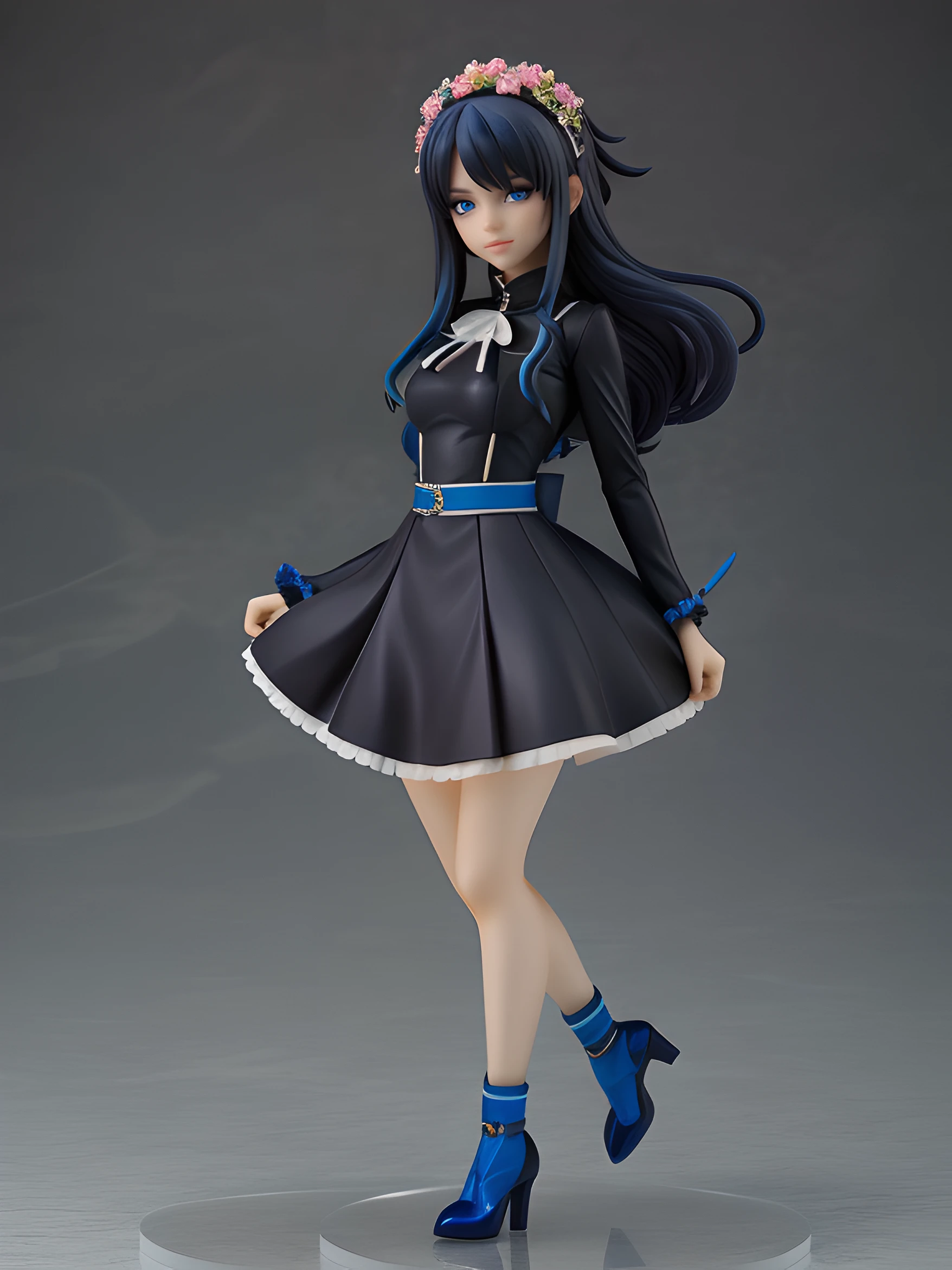 (masterpiece:1.2, best quality), (real picture, intricate details), 1girl, solo, long dark blue flowing hair, ((dark blue hair)), black dress, pop up parade figure, beautiful anime face, gorgeous, evil goddess, sadistic smile, black flowers on head, pink flowers, Shunya Yamashita, KOTOBUKIYA, The statue was made into the BISHOUJO style by Shunya Yamashita, blue flames