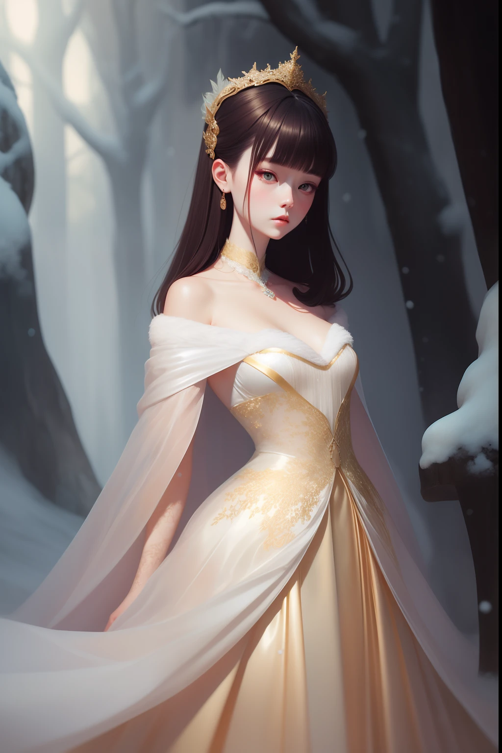 Winter in the misty forest of winter，In the snow stood a lady in a long satin dress, Brunette lady with luminous satin dress, inspired by Igor Kieryluk, It's covered with a long cape with tender apricot and gold thread, Light fog background，Soft light envelope，inspired by Wadim Kashin, by Russell Dongjun Lu, inspired by Yanjun Cheng, inspired by Hsiao-Ron Cheng, Beautiful digital artwork, inspired by Ray Caesar