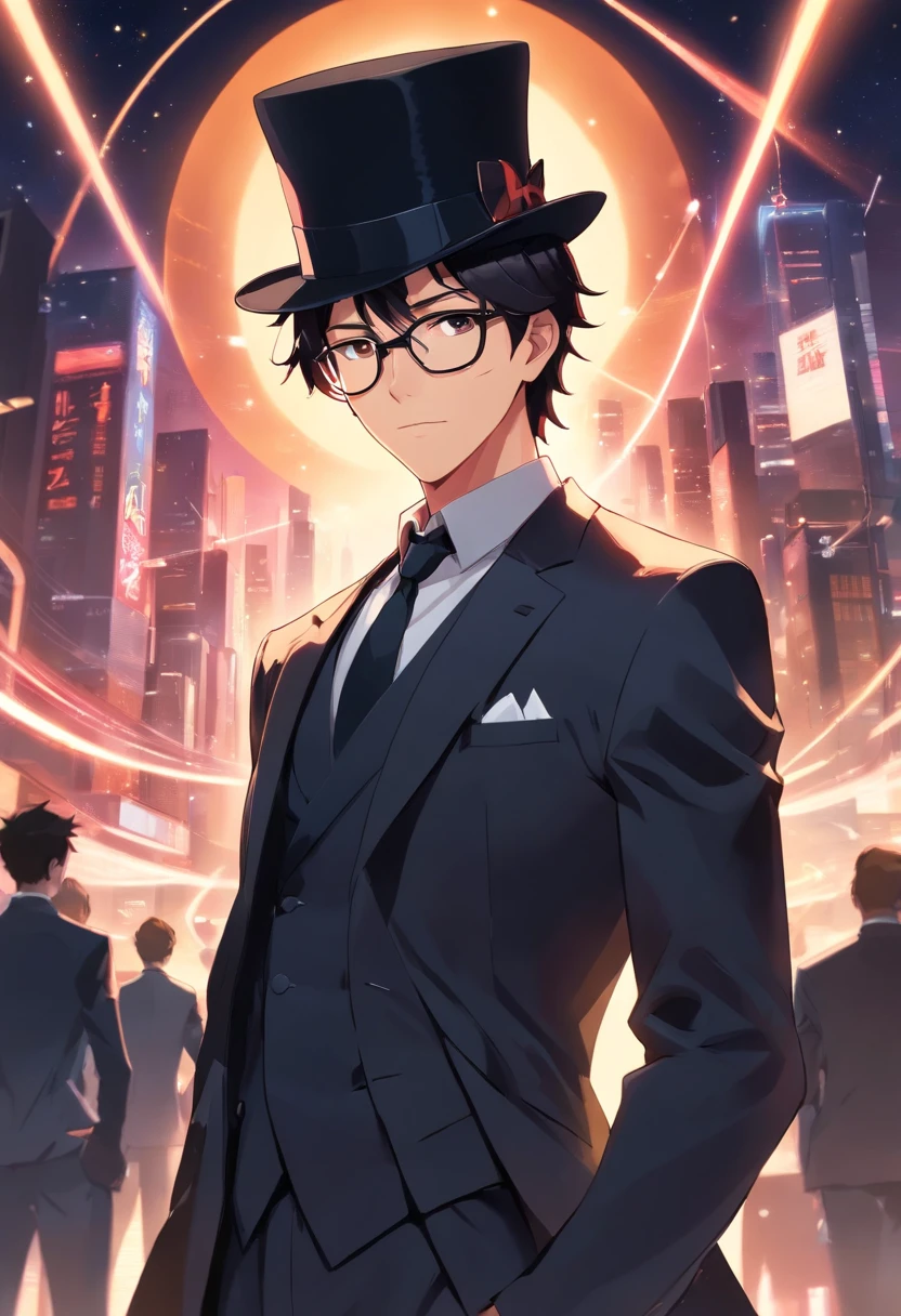 man in a black top hat, black tie, with round black glasses, black suit, black trident on his back, with a black balaclava bandana, cartoon style, anime style, anime boy soft