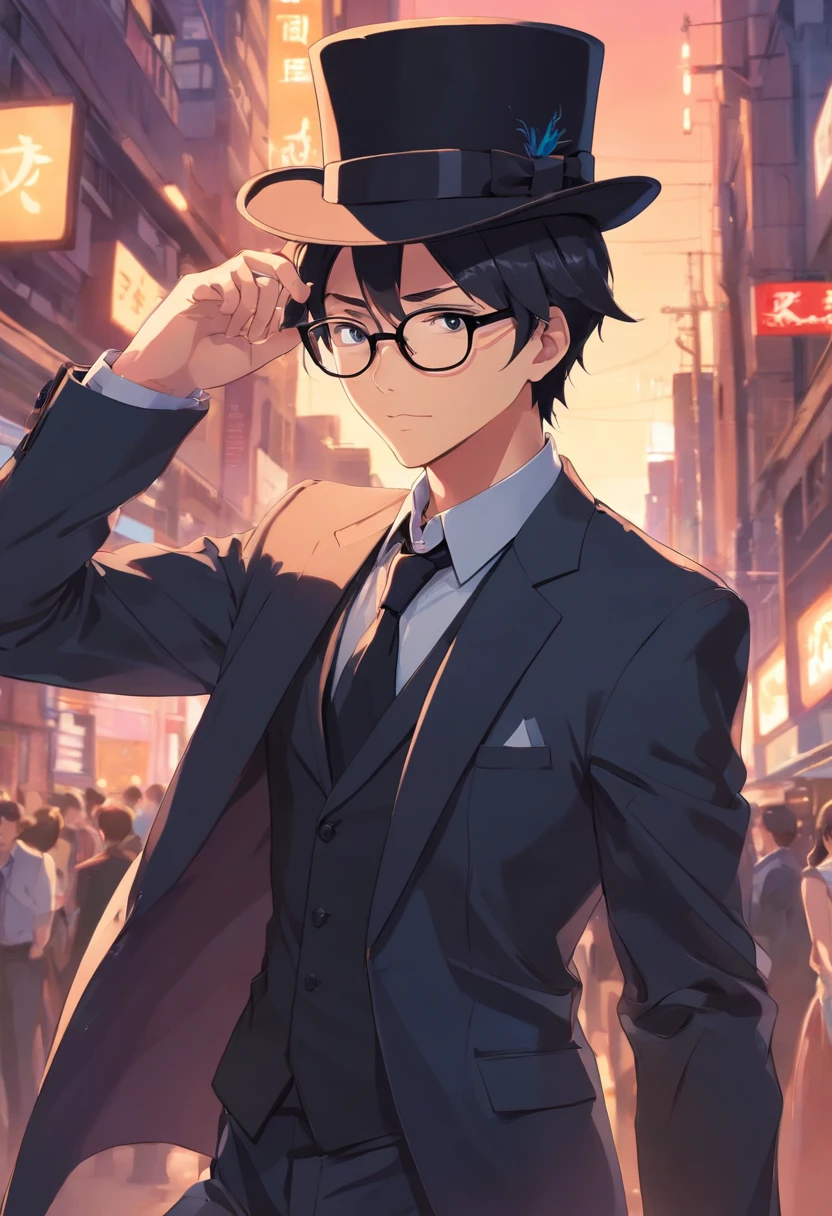 man in a black top hat, black tie, with round black glasses, black suit, black trident on his back, with a black balaclava bandana, cartoon style, anime style, anime boy soft