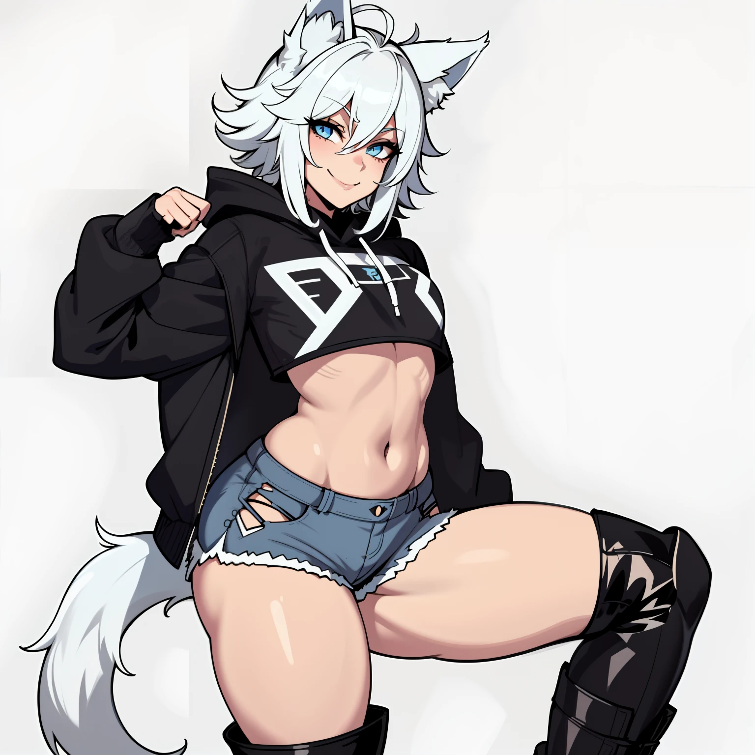 Single boy, Anime Femboy, Short, Long white hair, wolf ears, wolf tail, blue eyes, wearing jean short shorts, thigh high socks, black combat boots, wearing cropped black hoodie, flat chest, super flat chest, solo femboy, only one femboy ((FLAT CHEST)), wide hips, thicc thighs, happy, nice butt