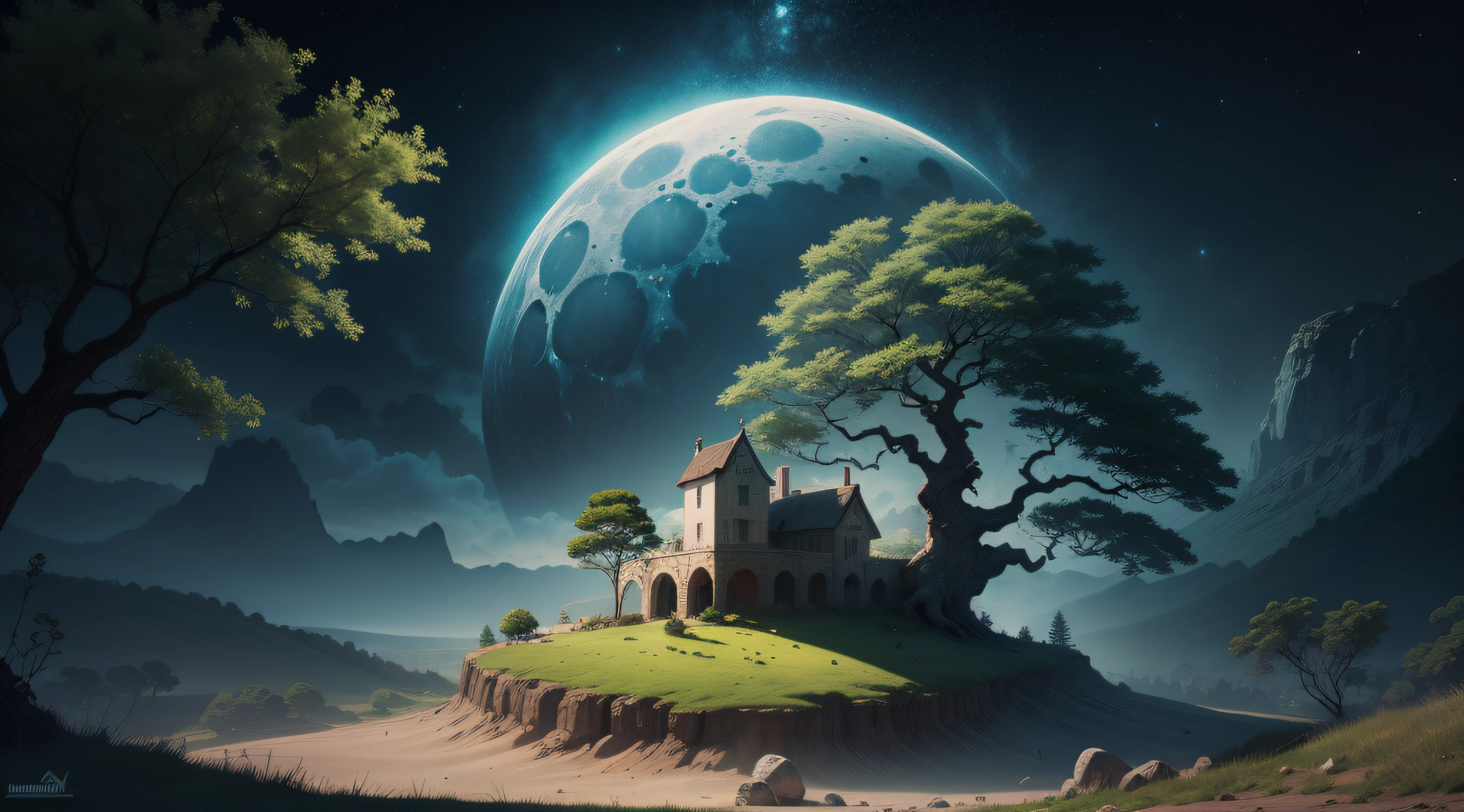 criar uma imagem medieval com arvores paisagem, a background moon in the sky, a caichoeira and an open space in front, formato paisagem tamanho ultra hd