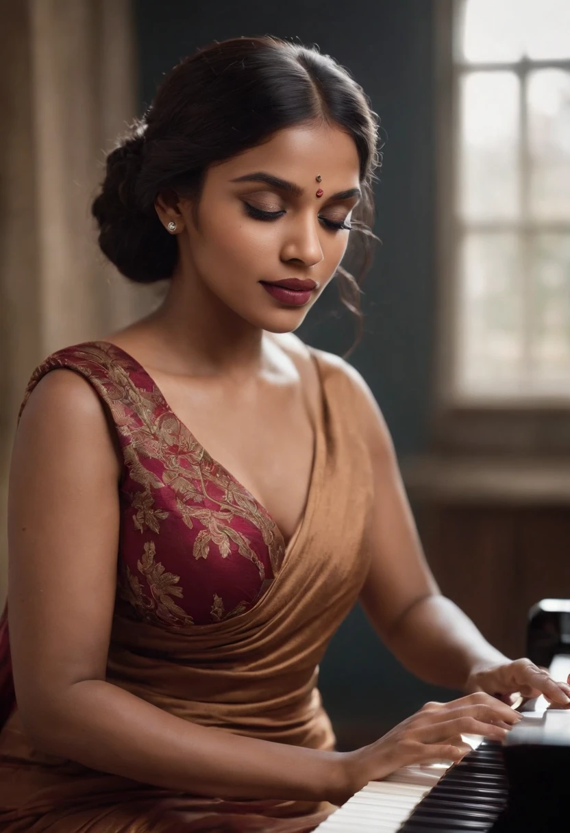 There is a bangladeshi light brown woman wearing sari playing a piano, Promotional Art, fanart, martin ansin artwork portrait, promotional image, hq artwork, art promotional, fanart, album art, official artwork, key art, promotional artwork, Siswave, digitalartist, Ashtelos, afro futurism, jen bartel, keyboardist, blend