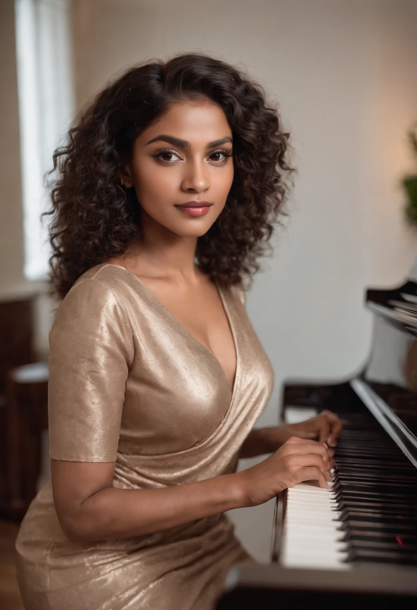 There is a bangladeshi light brown woman wearing sari playing a piano, Promotional Art, fanart, martin ansin artwork portrait, promotional image, hq artwork, art promotional, fanart, album art, official artwork, key art, promotional artwork, Siswave, digitalartist, Ashtelos, afro futurism, jen bartel, keyboardist, blend