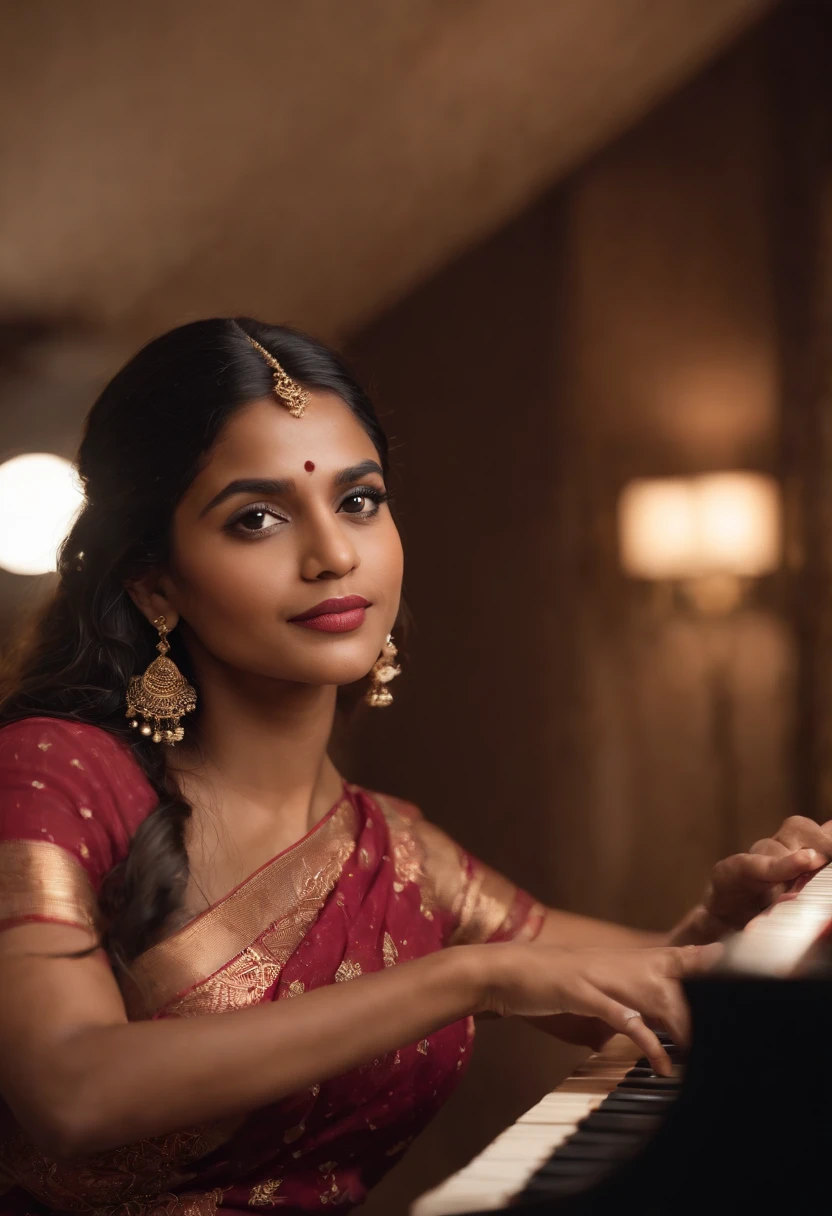 There is a bangladeshi light brown woman wearing sari playing a piano, Promotional Art, fanart, martin ansin artwork portrait, promotional image, hq artwork, art promotional, fanart, album art, official artwork, key art, promotional artwork, Siswave, digitalartist, Ashtelos, afro futurism, jen bartel, keyboardist, blend