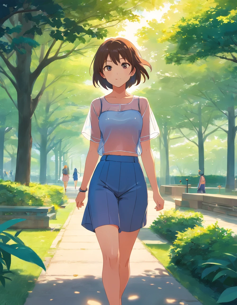 A cute woman walking in a park, sheer mesh top, bottomless