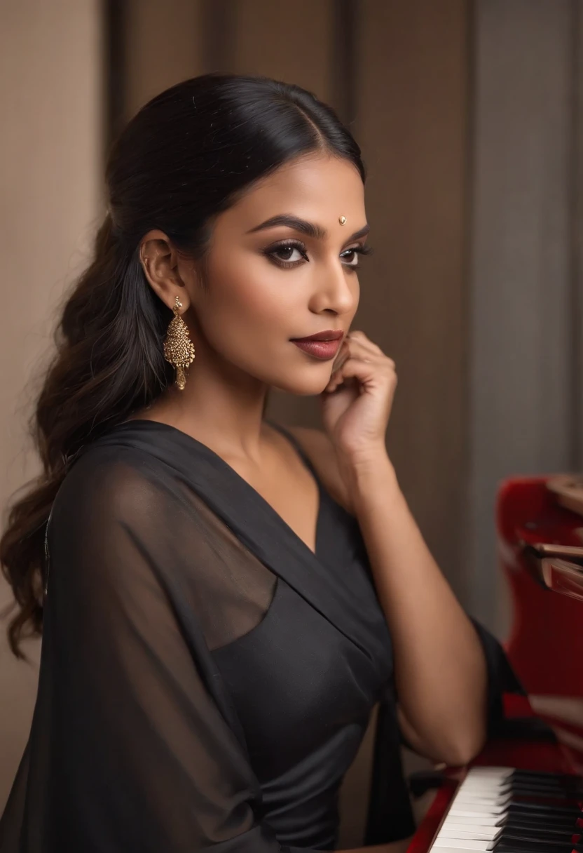 There is a bangladeshi light brown woman wearing black full sleeve sari playing a piano, Promotional Art, fanart, martin ansin artwork portrait, promotional image, hq artwork, art promotional, fanart, album art, official artwork, key art, promotional artwork, Siswave, digitalartist, Ashtelos, afro futurism, jen bartel, keyboardist, blend